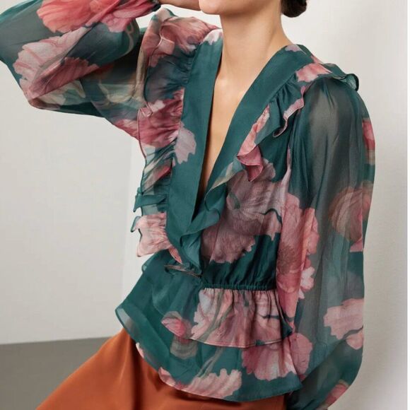 Hutch Sema Green Floral Ruffle neck peplum blouse size medium EUC - Picture 2 of 11